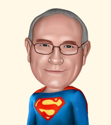 Realistisches Karikatur-Porträt eines alten Opas mit Superman-Kleidung