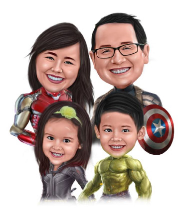 Karikatur einer 4-köpfigen Familie, die als Superhelden Figuren verkleidet ist