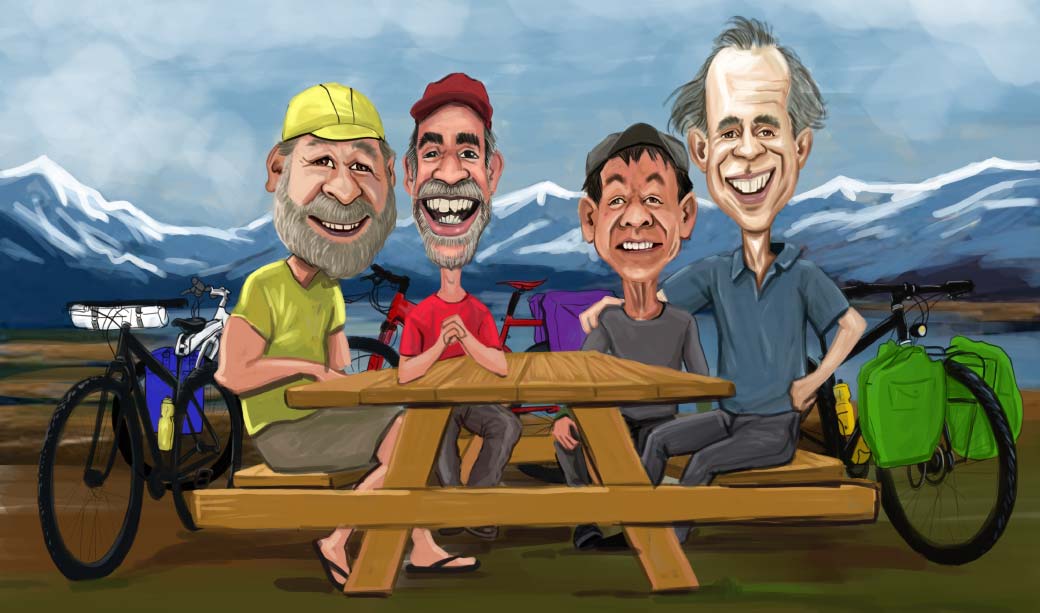 Lustige Karikatur einer Gruppe von Menschen, die mit den Fahrrädern an ihrer Seite am Tisch im Freien in den Bergen sitzen