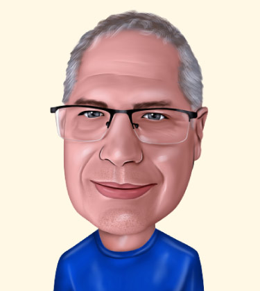 Realistisches Karikatur Porträt eines älteren Mannes im blauen Sweatshirt