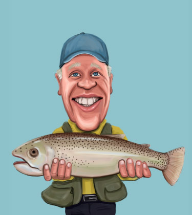 Lustiges Porträt eines Fischers mit seinem Fisch