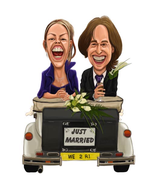 Gerade verheiratete Karikatur eines Hochzeitspaares im Cabriolet-Auto