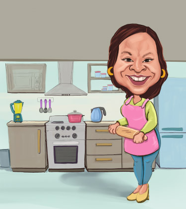 Individuelle Karikatur einer Köchin, die in ihrer Küche steht
